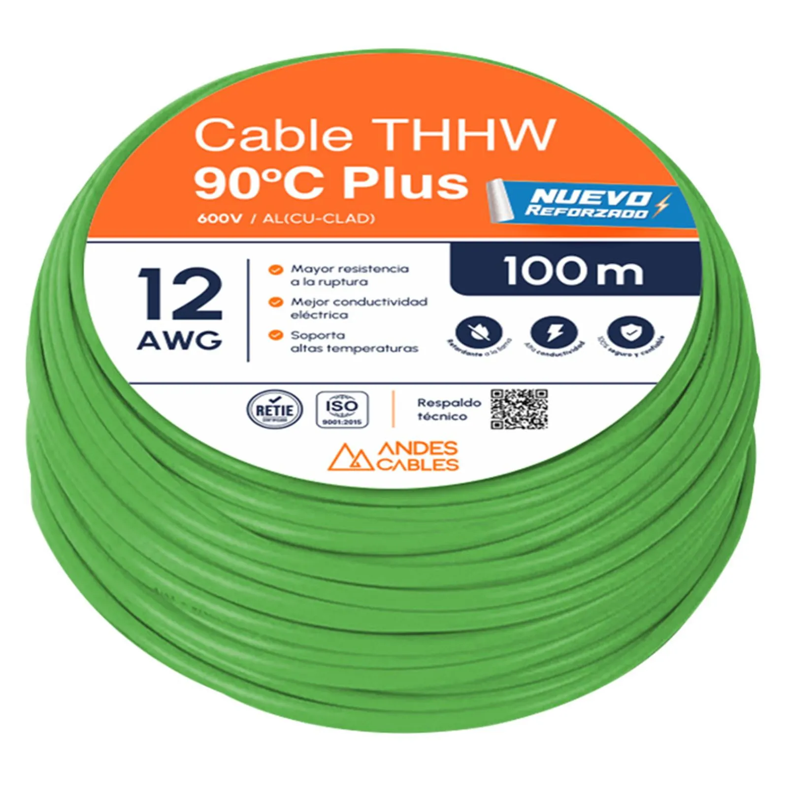 CABLE FLEX THW 12 AWG VERDE x100Mts (75395) ANDES