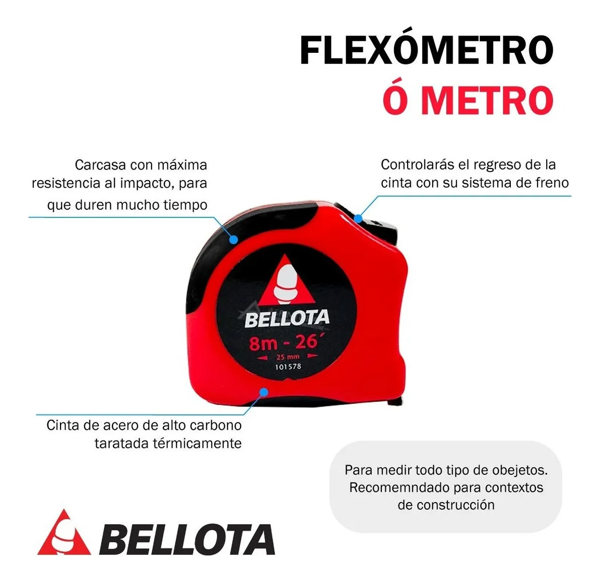 FLEXOMETRO DE 8MT 50030-8 ROJO (101578) BELLOTA - Vista 4