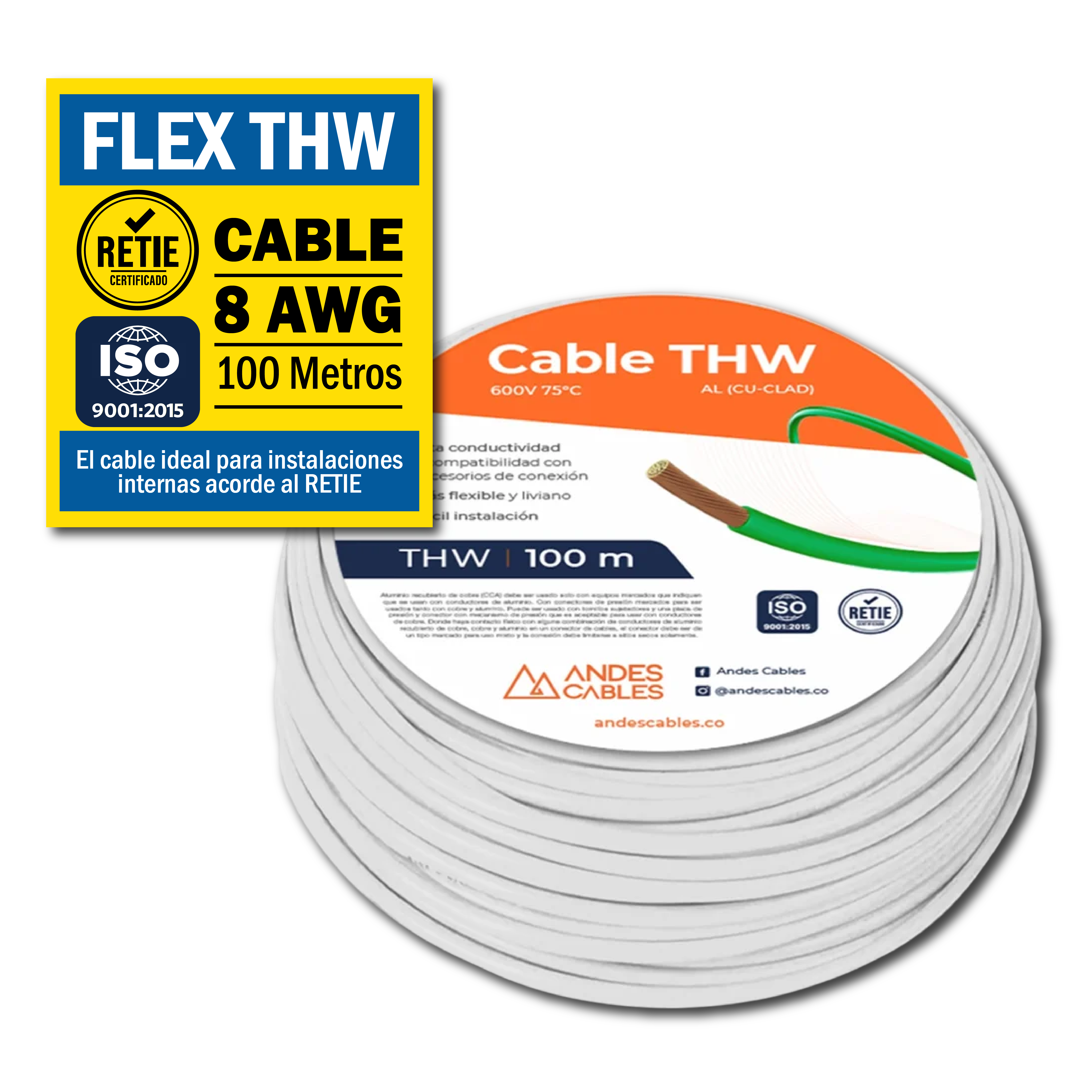 CABLE FLEX THW 8 AWG BLANCO x100Mts (110249) ANDES